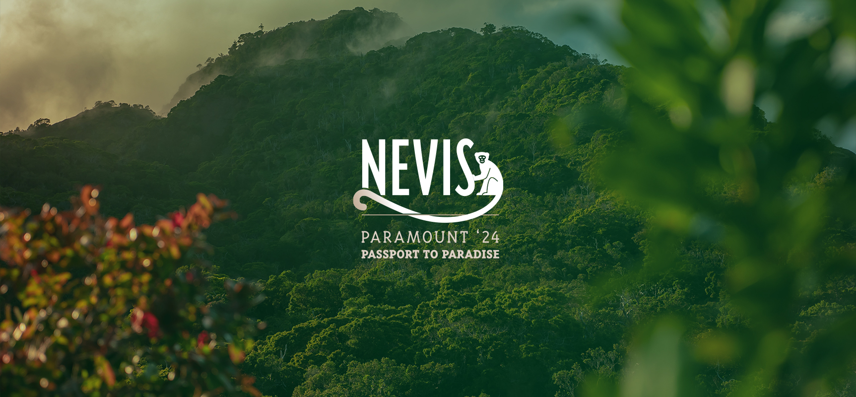 Nevis Paramount Passport to Paradise trip logo with a tropical caribbean mountain in the background.